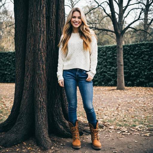 Smiling Woman in Sweater and Jeans Outdoors