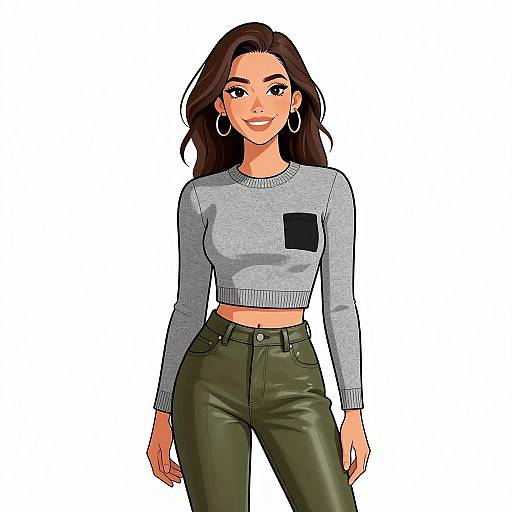 Digital illustration of a smiling woman with long brown hair, wearing a gray long-sleeve crop top, black pocket, and green leather pants, against