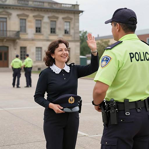 Middle-aged woman interacting with police officer