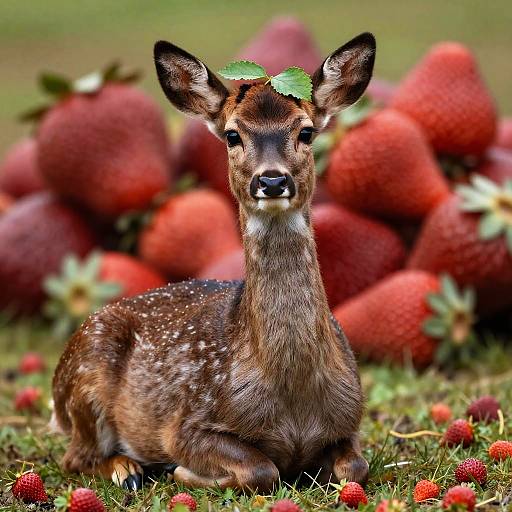 Fawn Sitting Among Strawberries with Leaf on Head