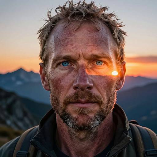 Photograph of a rugged, bearded man with blue eyes, sunlit right cheek, and mountainous sunset background, wearing a dark jacket.