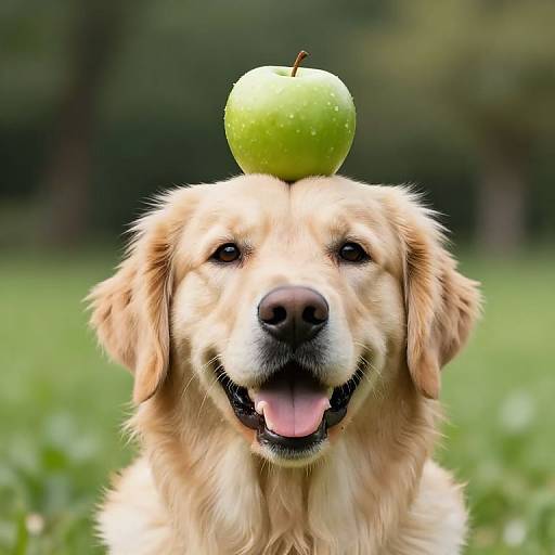 Photograph of a happy, golden-haired dog with a green apple balanced on its head, standing in a lush, green grass field.