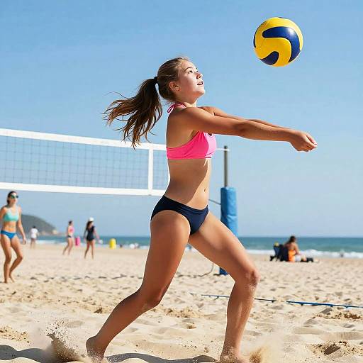 Dynamic Teen Bikini Beach Volleyball Action
