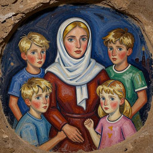 Painting of a blonde woman in a white headscarf, surrounded by four blonde children with rosy cheeks, in colorful clothes. Circular, textured