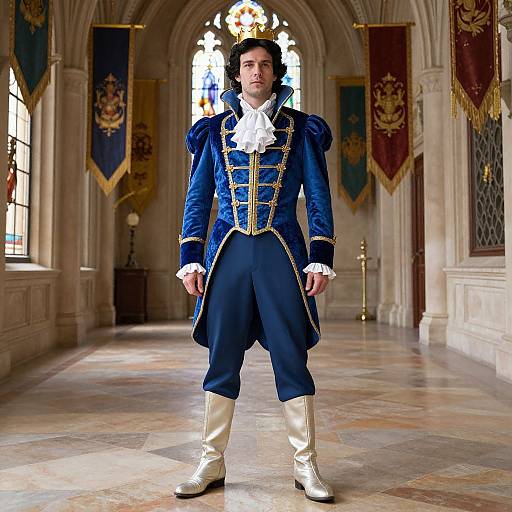 Photograph of a young man in elaborate blue and gold 18th-century military uniform, white cravat, and white boots, standing in a