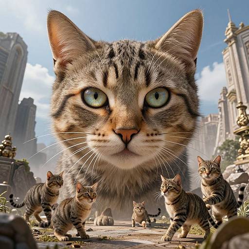 Digital artwork of a large tabby cat with striking green eyes, standing in a sunlit, ruins-filled cityscape, surrounded by smaller tabby kittens