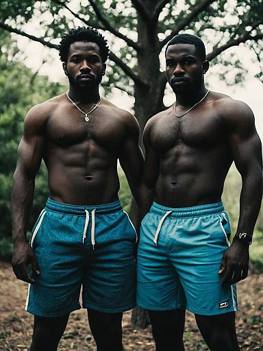 Two Shirtless Athletic Men Outdoors in Shorts