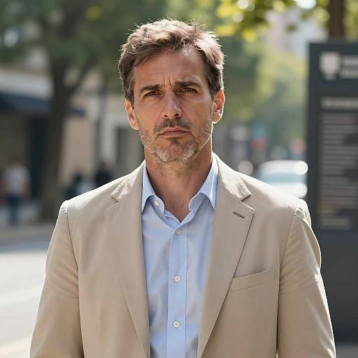 Serious Middle-aged Man in Beige Suit Outdoors
