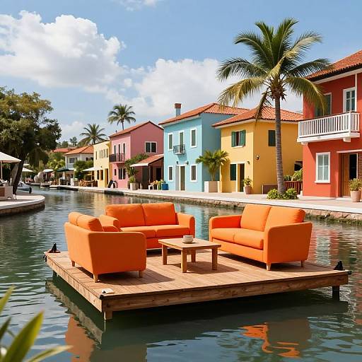 Photograph of vibrant orange patio furniture on a wooden dock floating in a colorful, tropical canal with palm trees and multicolored houses.