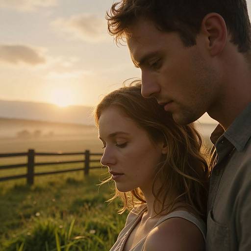 Photograph of a serene couple at sunset, man with short brown hair and woman with long blonde hair, both with closed eyes, standing close, golden
