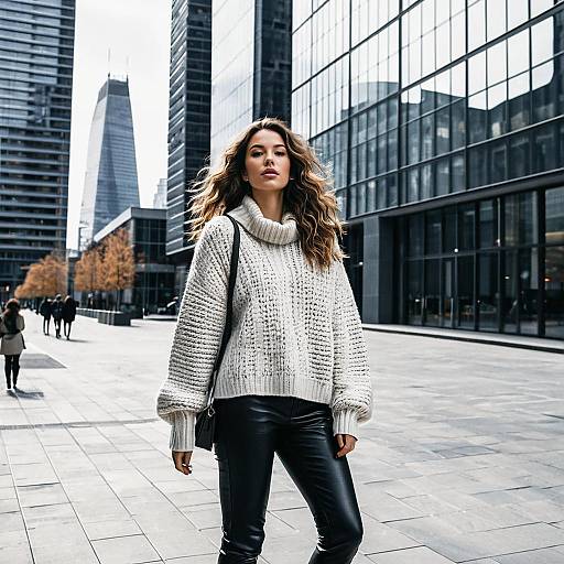 Woman in Oversized Knit Sweater and Faux Leather Leggings in Urban Setting