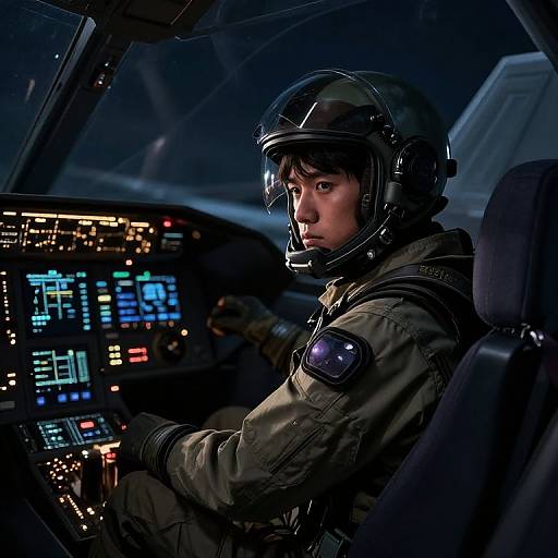 Photograph of a focused female astronaut in a cockpit, wearing a helmet and green flight suit, with illuminated control panels in the dark background.