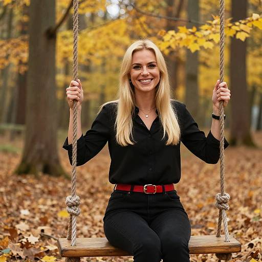 Blonde woman with long hair, black blouse, and red belt, smiling on wooden swing in autumn forest with yellow leaves.
