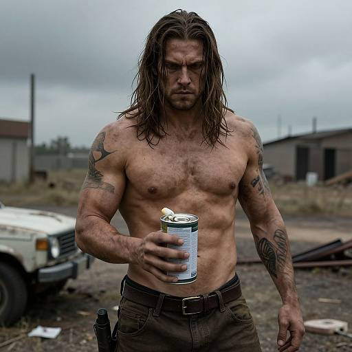 Muscular Man with Garbage Can