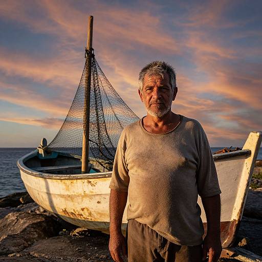 Photograph of an older, grizzled man with gray hair and beard, wearing a dirty beige shirt, standing in front of a weathered fishing