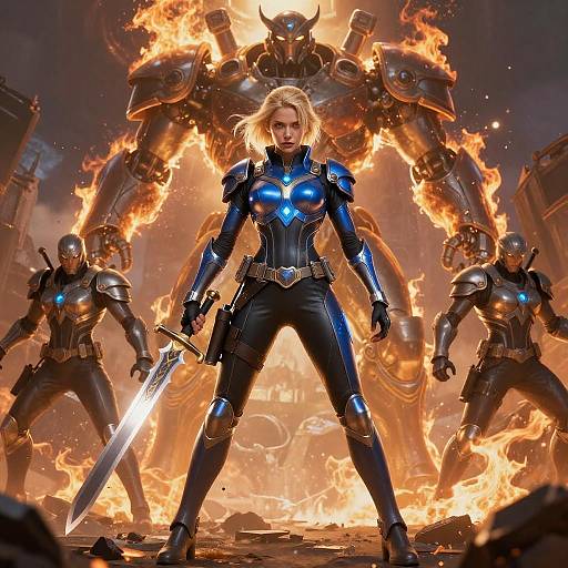 Digital art of a blonde woman in blue armor with a sword, standing defiantly before a blazing, flaming, robotic warrior and two armored guards.