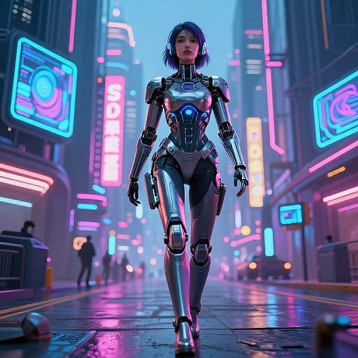 Cyberpunk city street at night, illuminated by neon signs. Central, a sleek, metallic, female android with black hair walks confidently. Photoreal