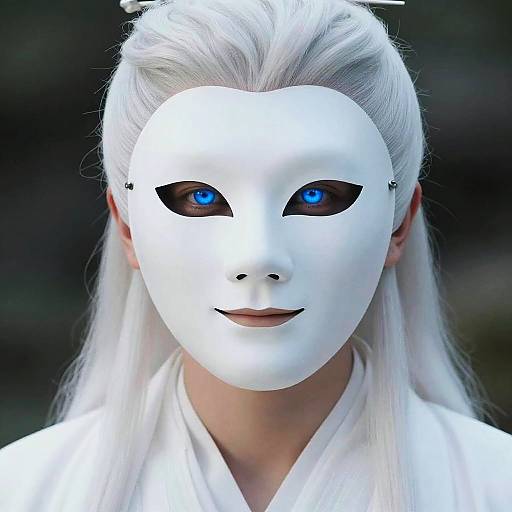 Photograph of a person with white hair, wearing a white mask with blue eyes, black eyeshadow, and a white robe, against a dark