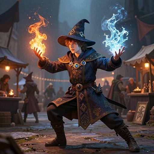 Photograph-like CGI of a young wizard in a dark, ornate robe, hat, and belt, conjuring fire and ice in a nighttime market