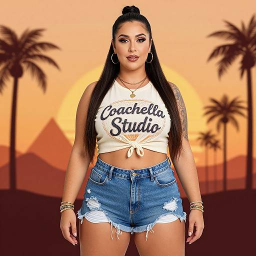 Digital artwork of a curvy Latina woman with long black hair in a bun, wearing a tied 