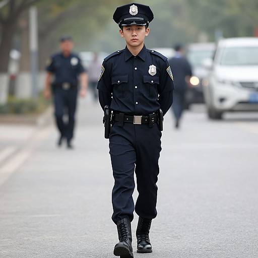 Photograph of a young male police officer in a black uniform and cap, walking confidently down a city street with blurred background and other officers.