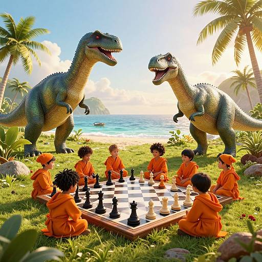 Digital artwork: Six children in orange robes play chess on a beach, surrounded by two roaring, towering dinosaurs, with palm trees and ocean in the background