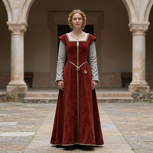 Photograph of a blonde woman in a medieval-style red velvet gown with silver sleeves, standing in a stone courtyard with arches.