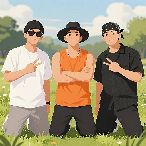 Illustration of three men kneeling on grass outdoors