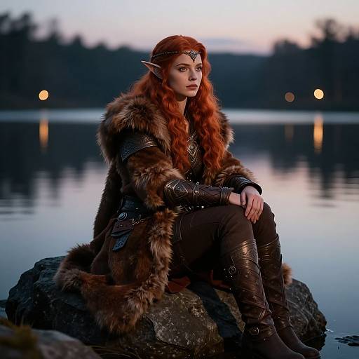Photograph of a red-haired, elf-like woman in fur cloak, dark armor, and boots, sitting on a rock by a serene lake at dusk