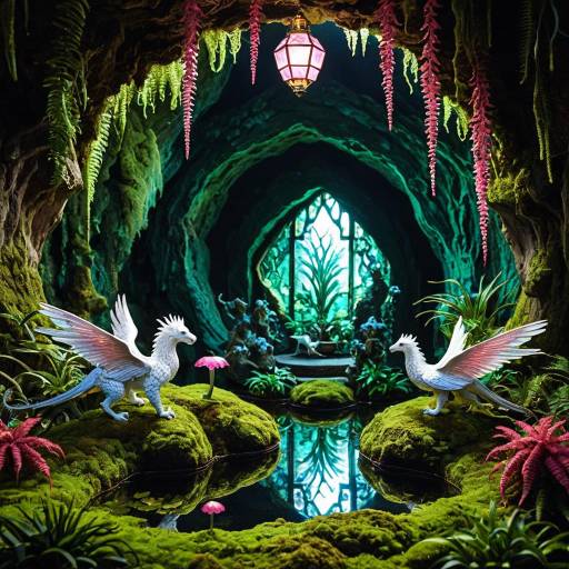 Fantasy Miniature Griffins in Translucent Cave