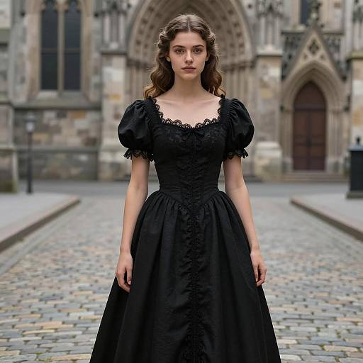 Young Woman in Medieval Black Dress on Cobblestone Street