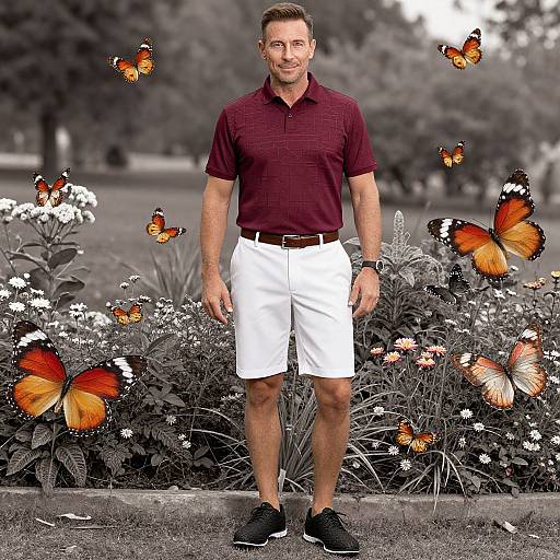 Photograph of a smiling man in a burgundy polo and white shorts, surrounded by vibrant orange butterflies, standing in a black-and-white garden.