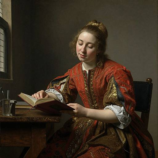 Photograph of a 17th-century woman in a red, gold-embroidered dress, reading a book by a dimly lit window.