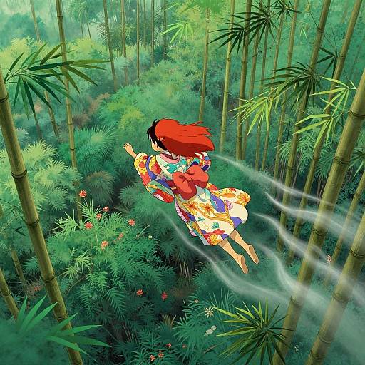 Digital anime-style illustration of a red-haired girl with a colorful kimono flying through a lush bamboo forest, surrounded by sunlight and mist.