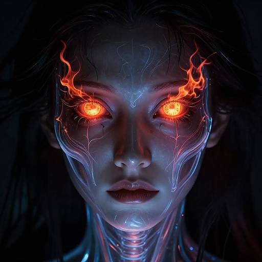 Digital CGI of a woman with glowing red eyes, neon blue and red electrical patterns on her face, and a glowing neck. Dark background enhances the other