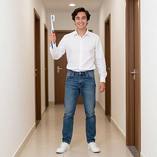 Photograph of a smiling man with short black hair, wearing a white shirt, blue jeans, and white sneakers, holding a toothbrush in a bright