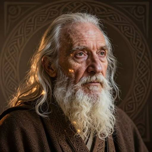 Photograph of an elderly man with long white hair and beard, wearing a brown, patterned robe, against a dark, intricately designed background.