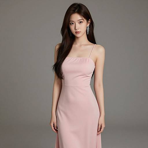 Photograph of an East Asian woman with long black hair, wearing a pale pink, sleeveless satin dress and dangling silver earrings, standing against a plain