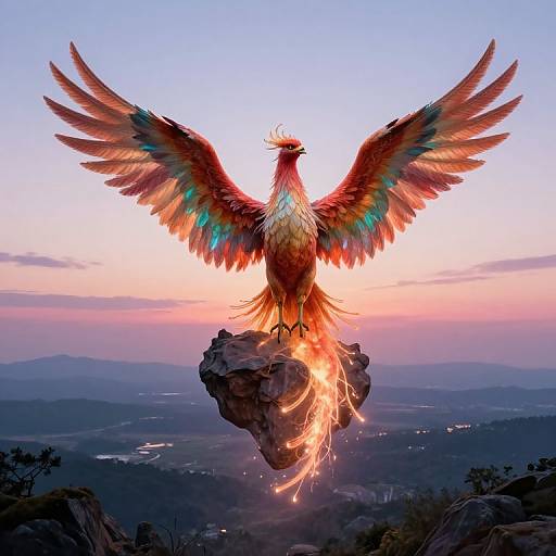 Digital artwork of a vibrant, fiery phoenix with expansive wings, perched on a rock at sunset, glowing against a mountainous horizon.