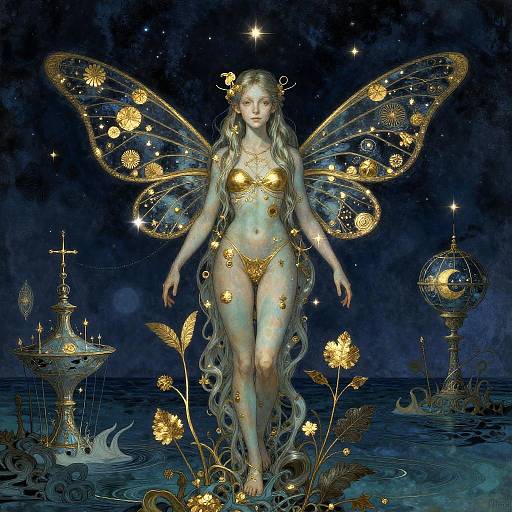 Digital artwork of a ethereal fairy with golden wings, wearing a gold bikini, standing in a starry, moonlit sea, surrounded by glowing flowers
