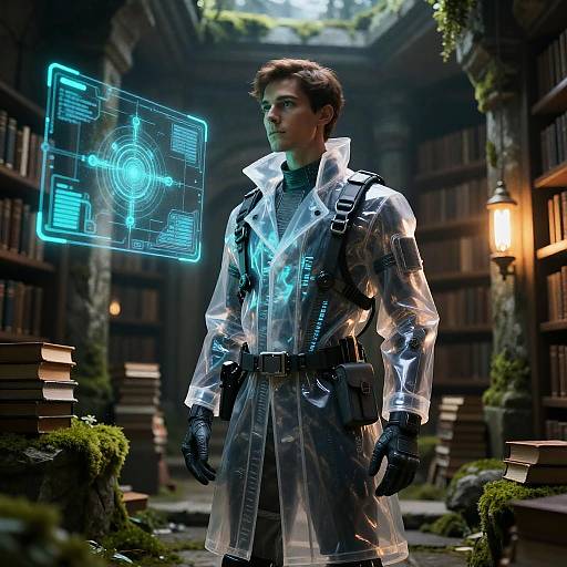 Futuristic Archivist in Ancient Library
