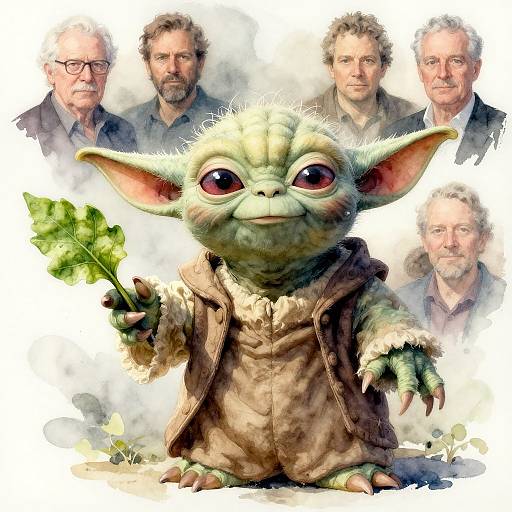 Digital illustration of a cute, green, big-eyed goblin holding a clover, surrounded by six realistic, older men in the background.