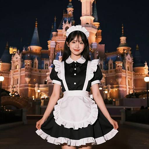 Photograph of an Asian woman with black hair, wearing a classic French maid outfit, standing in front of a brightly lit, fairy-tale castle at