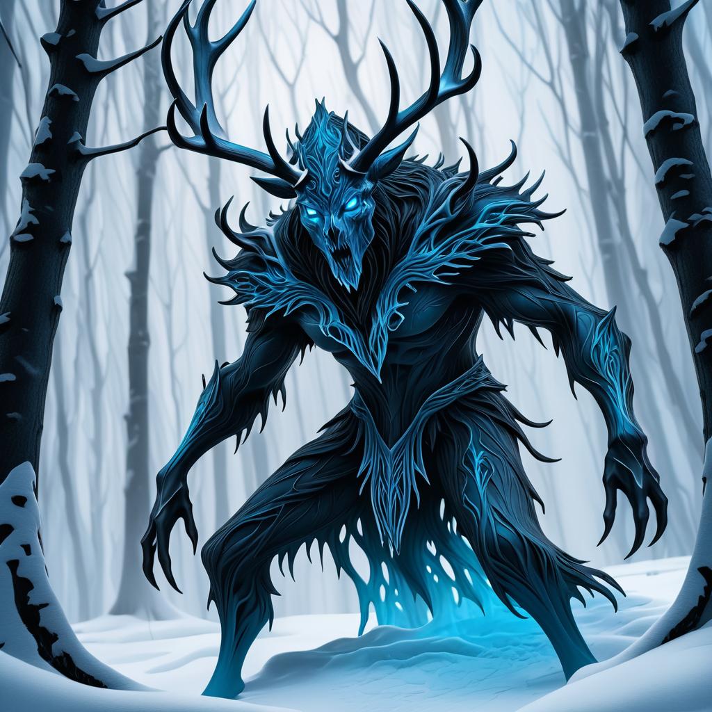 Terrifying Wendigo in Snowy Forest Art