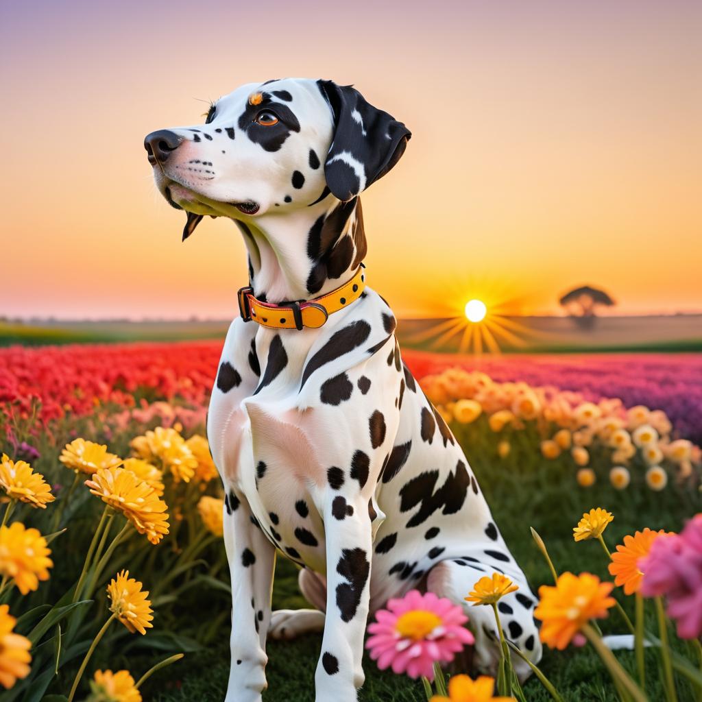 Dalmatian in Flower Field at Sunset