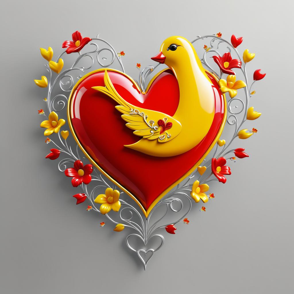 Symbolic Heart with Flowers and Bird