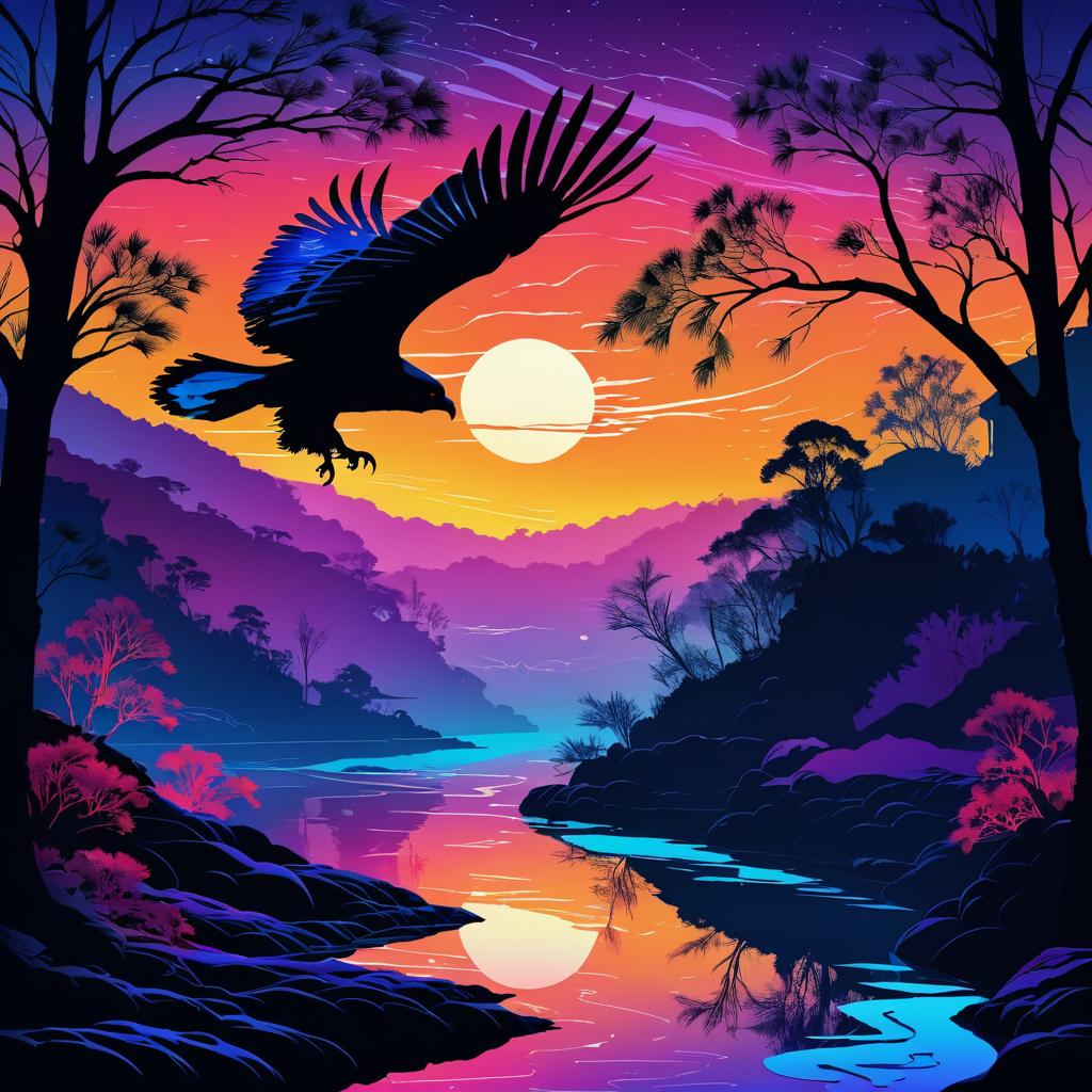 Surreal Hawk Silhouette with River Scene