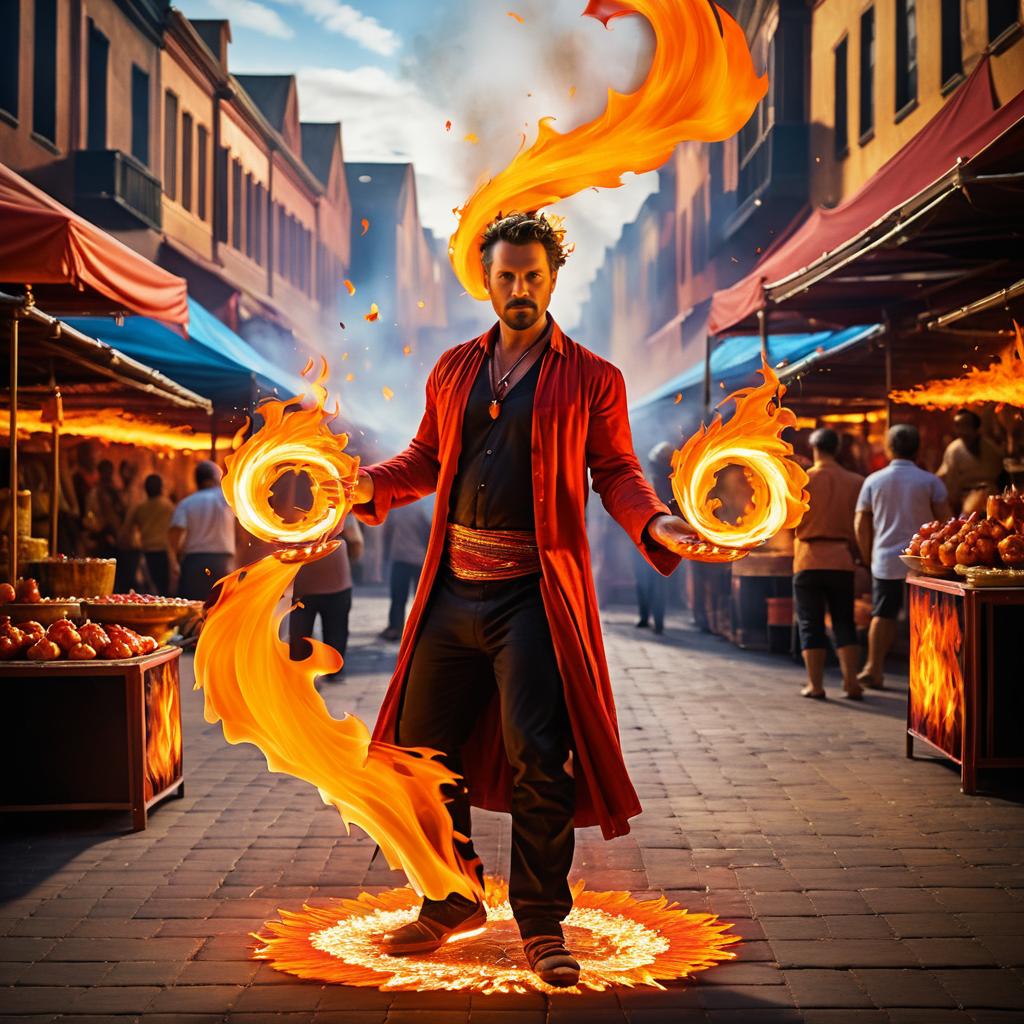 Vivid Fire Juggler in Market Scene