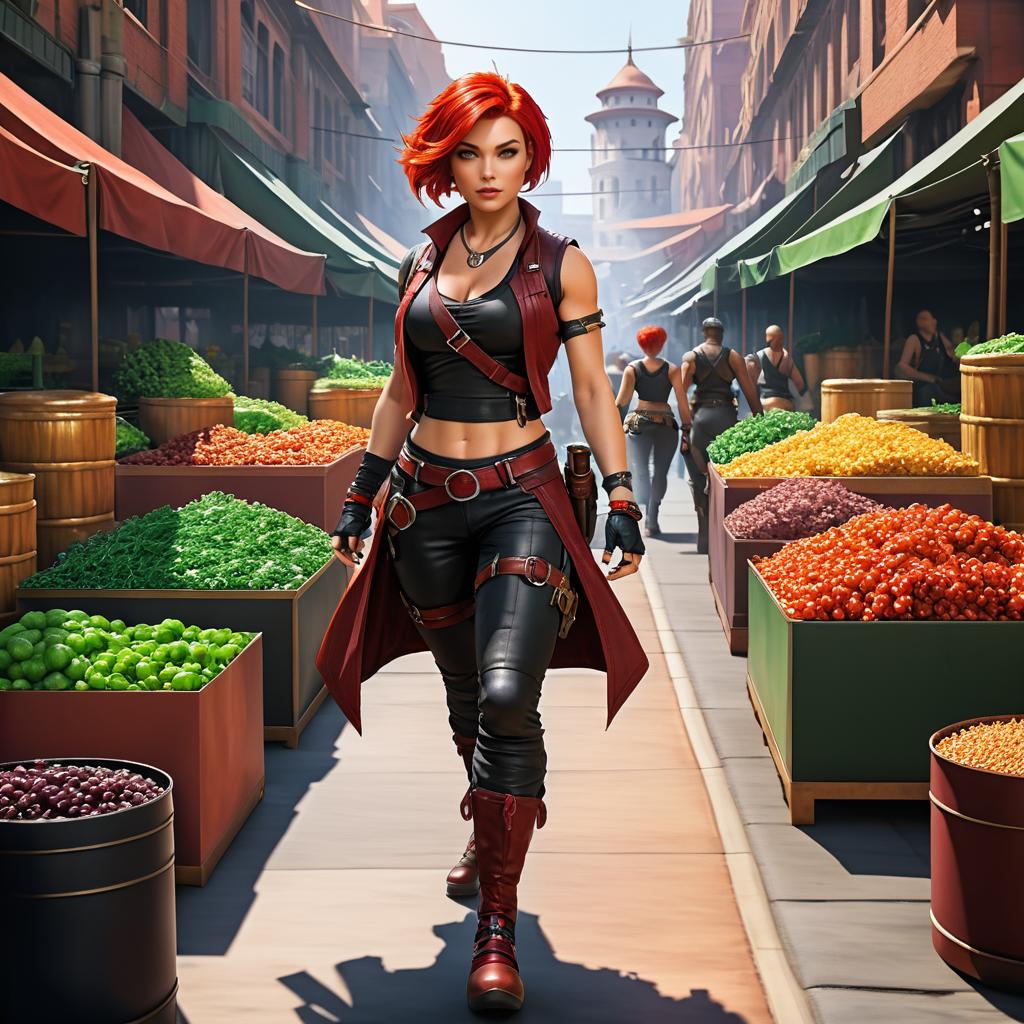 Dynamic Female Rogue in City Market Scene