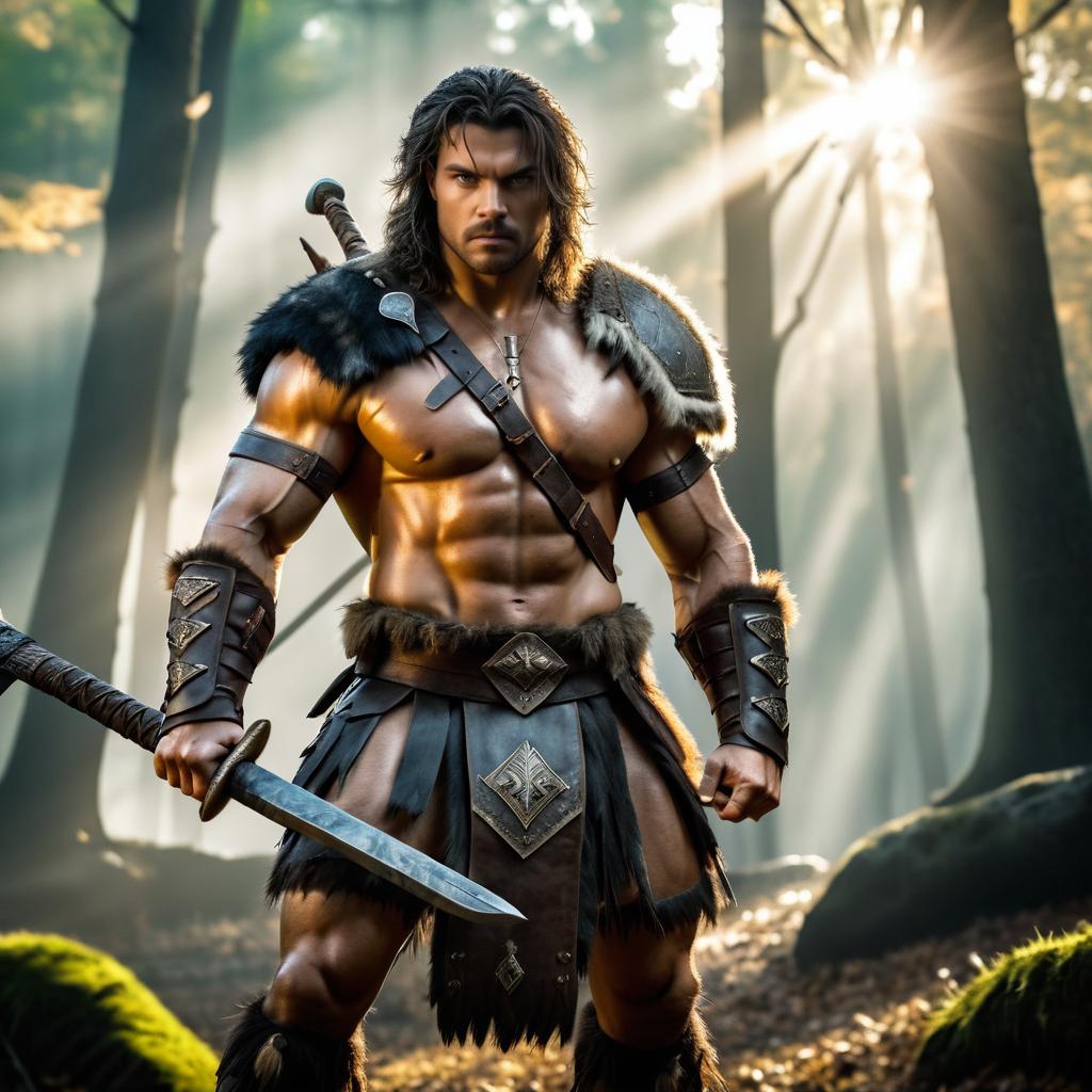 Fierce Barbarian in Forest Battle Scene